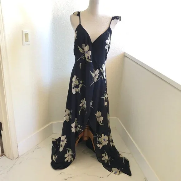 Lulus All Mine Navy Blue Floral Print High-Low Wrap Dress size M bridesmaid - Picture 10 of 13